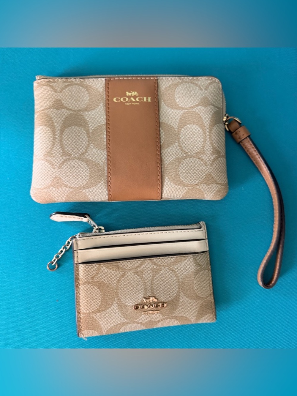 Coach Small Wristlet in Tan and Navy Accent